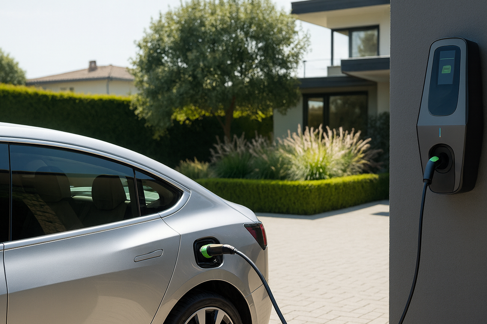 Instalación doméstica de cargadores compactos para espacios reducidos, pensados para ahorrar sitio en garajes pequeños.
