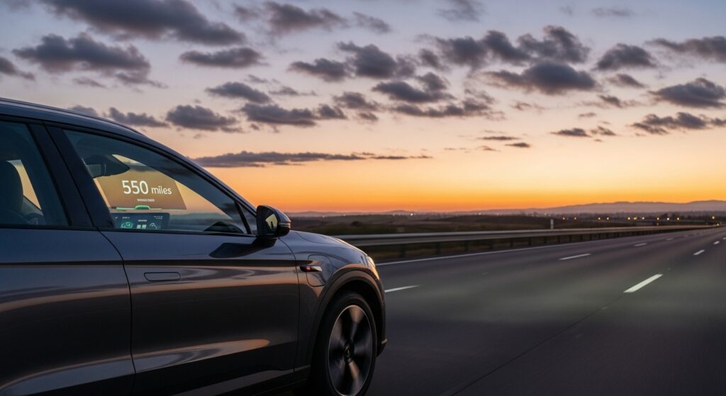 coche eléctrico EREV circulando por autopista, pensado para viajes largos sin miedo a la autonomía