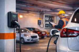 Punto de recarga para coche eléctrico instalado en garaje comunitario