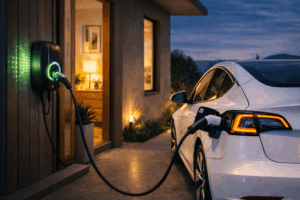 Recarga inteligente del coche eléctrico en cochera: coche eléctrico cargando de noche con cargador doméstico.