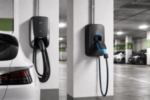 Comparativa cable integrado o toma Tipo 2: wallbox con toma Tipo 2 y cable aparte conectado a un coche eléctrico en garaje comunitario.