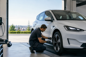 Cuánto cuesta mantener un coche eléctrico en una revisión de taller con vehículo eléctrico y técnico comprobando una rueda