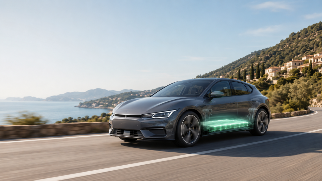 Coche eléctrico circulando por carretera para ilustrar cuánto dura la batería de un coche eléctrico
