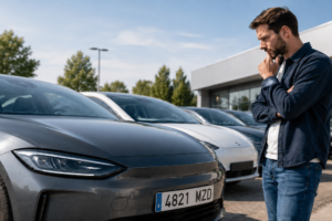 Compra de coche eléctrico usado en exposición de vehículos de ocasión con varios modelos aparcados