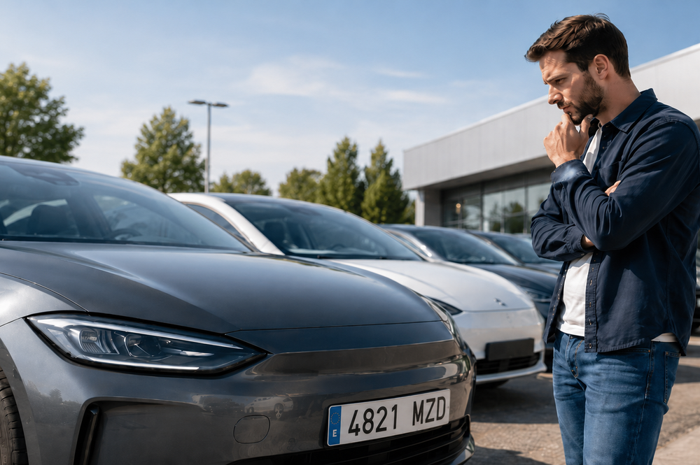 Compra de coche eléctrico usado en exposición de vehículos de ocasión con varios modelos aparcados