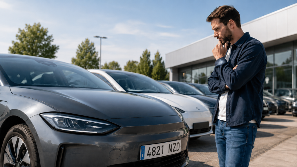 Coche eléctrico usado en un concesionario mientras un comprador revisa el vehículo antes de decidir la compra