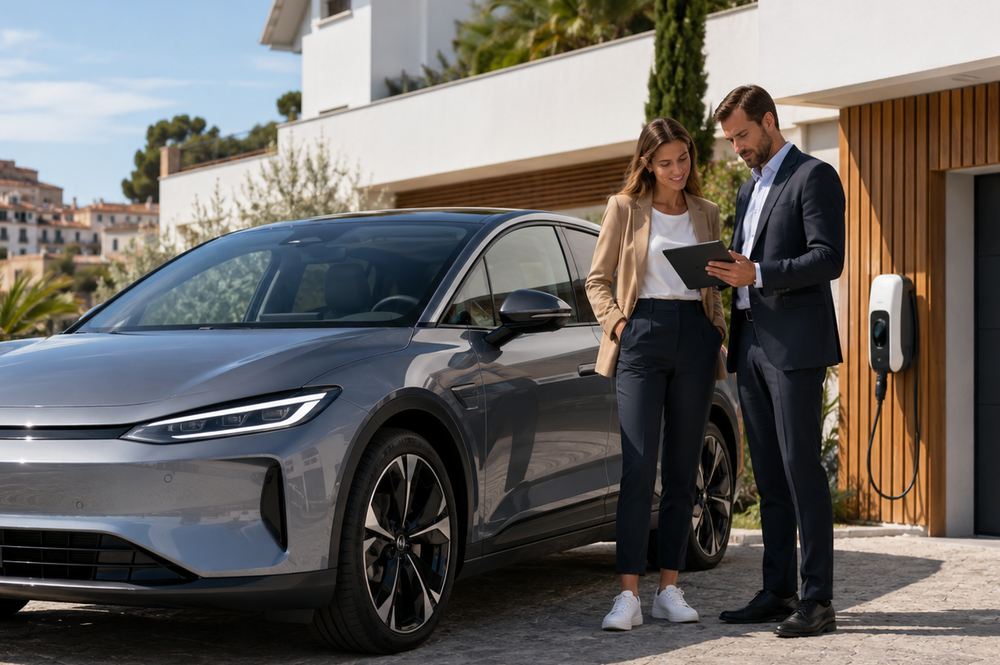 Seguro de coche eléctrico en un vehículo aparcado frente a una aseguradora