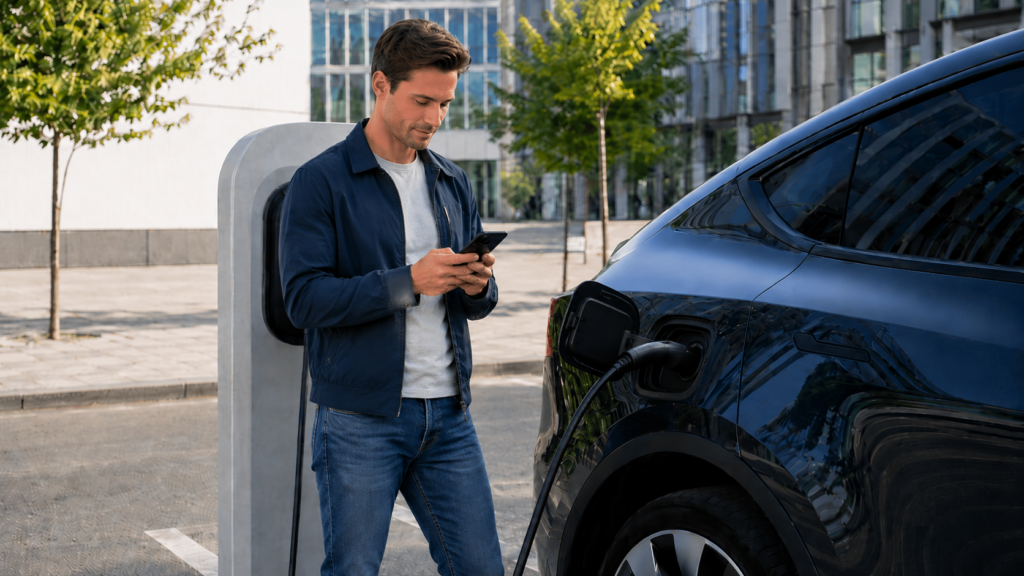 Joven junto a su primer coche eléctrico