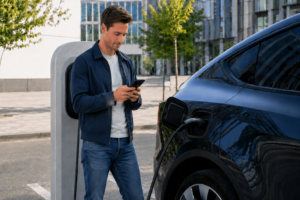 Conductor junto a su primer coche eléctrico en una escena de recarga residencial