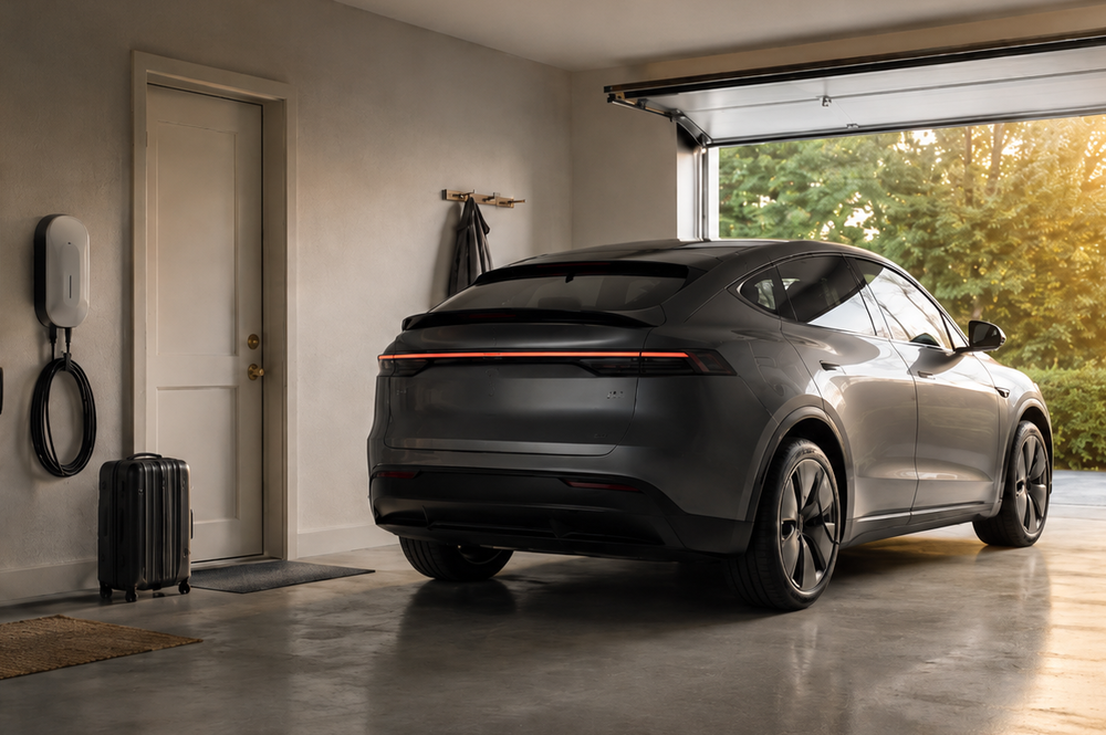 Coche eléctrico sin usar en casa con punto de recarga doméstico y equipaje preparado para un periodo sin uso