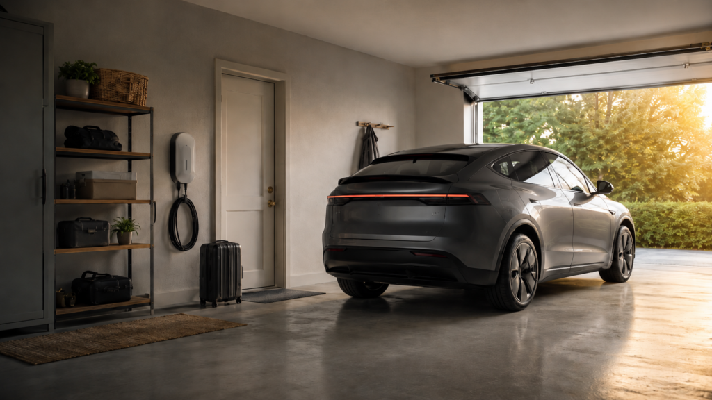 Coche eléctrico sin usar varios días aparcado en un garaje residencial moderno