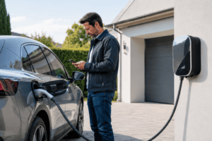 Conductor junto a su coche al cargar el coche eléctrico al 100 % en casa