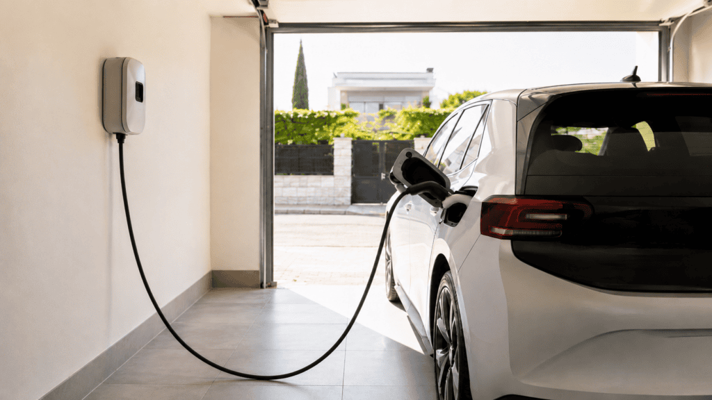 Corte de luz cargando coche eléctrico en un garaje doméstico con punto de recarga