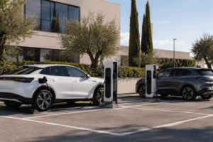 Crecimiento de las ventas de coches eléctricos con varios vehículos cargando en España