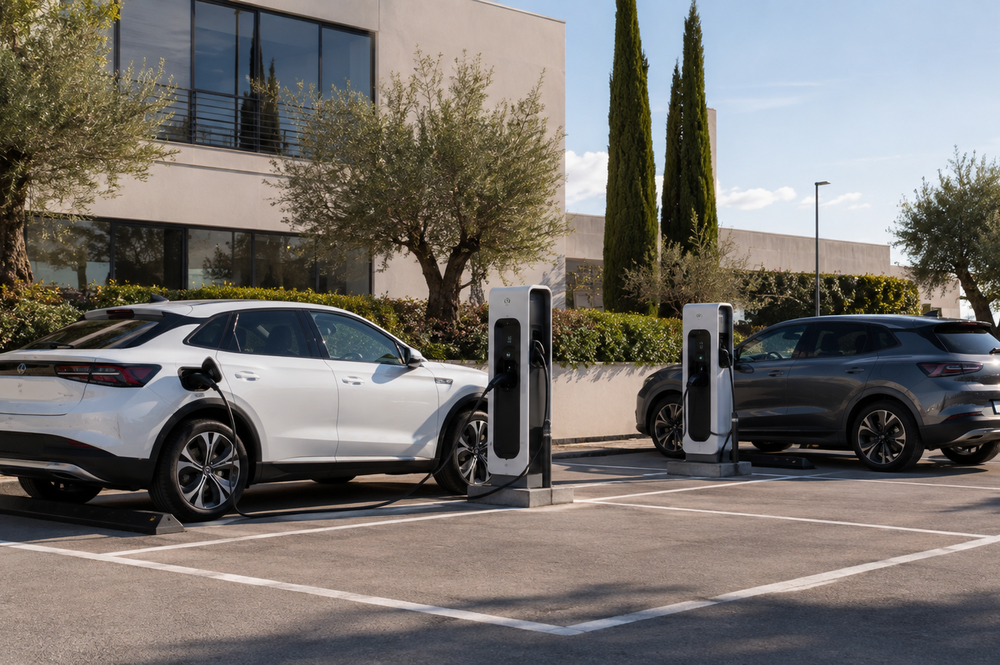 Crecimiento de las ventas de coches eléctricos con varios vehículos cargando en España