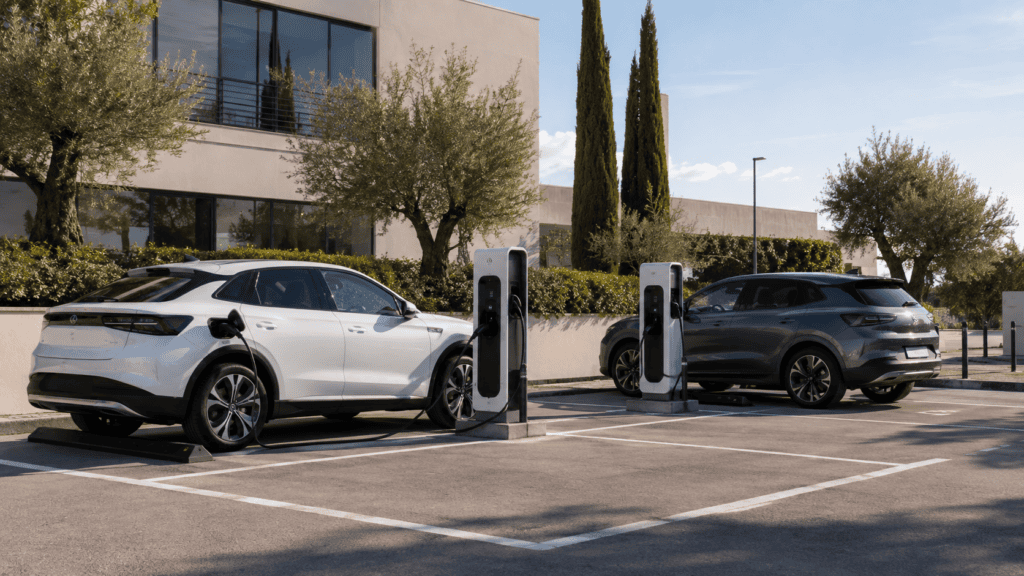 Ventas de coches eléctricos en España en una estación de recarga con plazas señalizadas
